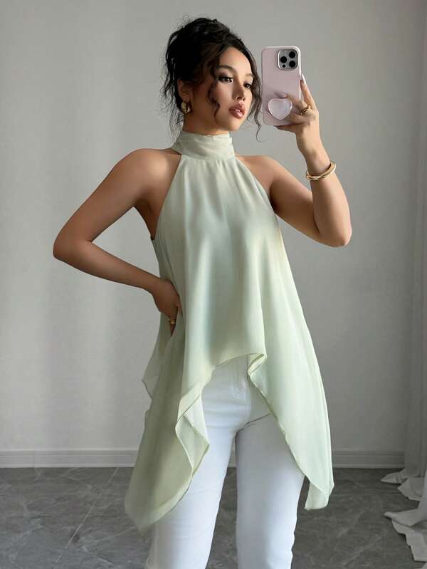 Rafferiza Blusa informal sin mangas color verde menta con cuello halter, top con bajo asimétrico para el verano