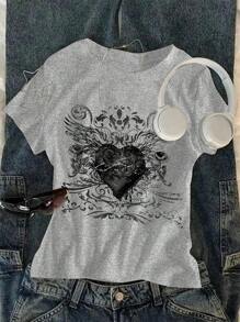 Sparklyn Tween 女童爱心印花休闲短袖圆领 T 恤 - 灰色 - 查看 1