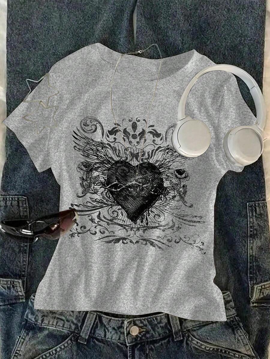 Sparklyn Tween 女童爱心印花休闲短袖圆领 T 恤 - 灰色 - 查看 1