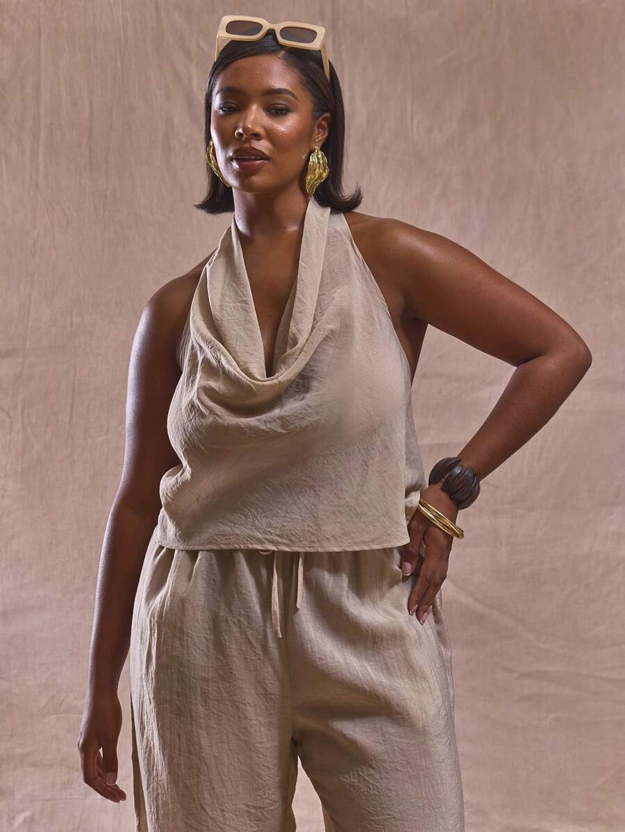 MUSERA Plus Size Halterneck Fitted Top Only Cute Elegant , Holiday, Elegant, Sundress , Holiday Spring Summer - Light Grey - View 1