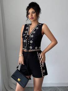 Elenzga 2 件套女士休闲背心和短裤套装，简约风格，适合夏季