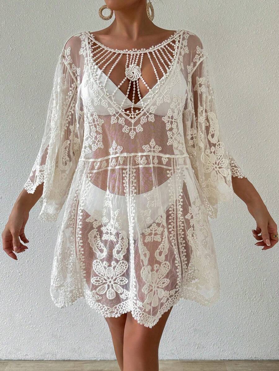 SHEIN Swim Váy che phủ rộng rãi thêu hoa bằng lưới mỏng cho nữ khi đi nghỉ - Màu be - Xem 1