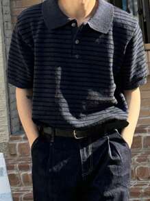 DAZY Men's Line Pattern Jacquard Knit Pullover, Navy Blue, Summer Business Attire - Navy Blue - View 6