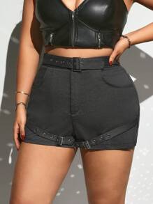 SHEIN ICON Plus Size Women Metal Decor Pocket Denim Shorts - Black - View 1