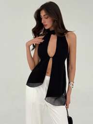 Aloruh Top con cuello halter y espalda descubierta, asimétrico y sexy para mujer