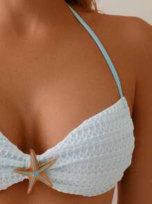 Swim Mod 女士春夏海滩浅蓝色针织提花海星首饰吊带结比基尼套装 - 藍色 - 查看 6