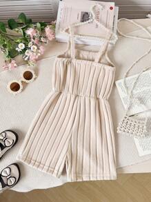 Young Girls Elegant Embroidered Mesh Decor Fuzzy Rib Knit Cami Romper, Summer