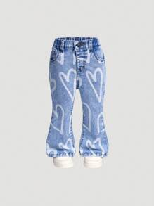 Baby Girls Fashion Heart Print Elastic Denim Flared Pants,Holiday,Summer,Travel - Medium Wash - View 3
