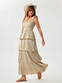 Wildy Summer Apricot Ruffle Strap Dress, American Western Style Casual Vacation Graduation Dress  Dresses Classy Elegant - Apricot - View 2