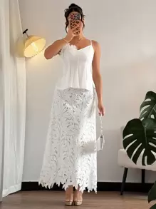 Chiquease Women 2pcs/Set Solid Color Sticker Decor Camisole & Skirt, Elegant - White - View 3