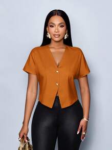 SOLERSUN 女士纯色 V 领金属纽扣不对称下摆优雅短袖衬衫 - 鏽棕色 - 查看 6