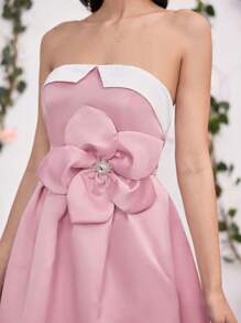 Coutiva Women Woven Two-Tone Patchwork 3D Floral Bandeau A-Line Party Dress, Wedding Guest Dress, Music Festival Spring/Summer, Prom Dress