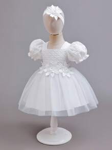 SHEIN Glamorique Kids Baby Girl Jacquard Mesh Puff Sleeve Princess Dress Baby Girl Dress Wedding Baby Elegant Dress Wedding Dress For Baby Girl Flower Girl Dress Baby Girls Partywear - White - View 1