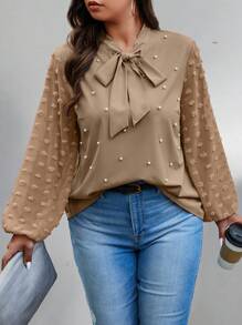 Celure 1pc Women Plus Size Tie Neck Long Sleeve Faux Pearl Elegant Blouse