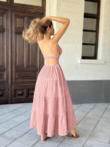 Pariaura Halter Contrast Hem Loose Pink Dress, Casual Resort Style For Women - Dusty Pink - View 2