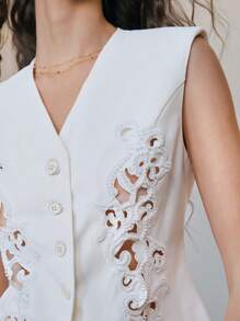 Arave 梭织平纹松紧腰无袖珍珠镂空刺绣优雅职业女性两件套西装套装春夏季 - 杏色 - 查看 5