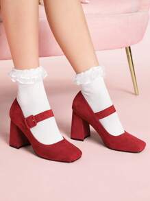 CUCCOO DOLLMOD 百搭时尚方头粗跟玛丽珍鞋 - 酒紅色 - 查看 4