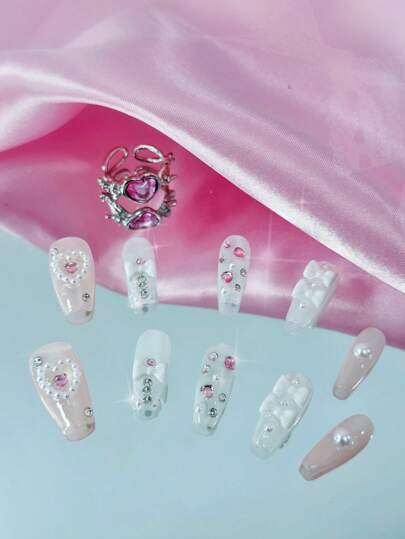 Kawaii Sweet Cute Pink Bowknot Heart French Romantic Square Handmade Fake Nails