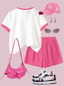 SHEIN 2pcs/Set Tween Girls Casual Bow Letter Graphic Short Sleeve T-Shirt & Loose Shorts Set, Summer