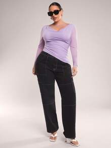 SHEIN BAE Women Plus Size Elegant Sexy Fashion Lavender Color Off Shoulder Hollow Ruched Fitted T-Shirt For Summer Outing