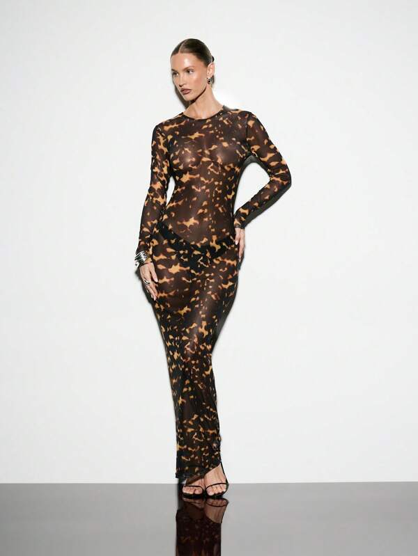 KIZN Mesh cu mânecă lungă Maxi Dress Bodycon Petrecere Rochie de seară Model abstract Toamnă Iarnă Modă Lungime podea Formă Montare Rochie elegantă