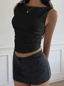 SHEIN EZwear Black Cotton Padded Racerback Crop Tank Top, Spring/Summer - Black - View 3