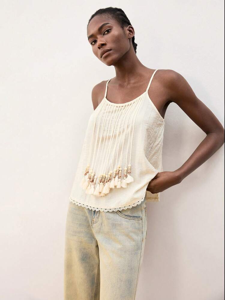 SHEIN Maija Beige Tassels Decor V-Neck Camisole For Women, Comfortable Breathable Casual With Design For Beach Holiday Wear
