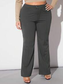 SHEIN Tall CURVE Quần ống loe cạp cao cho nữ cỡ lớn, màu trơn đa năng - Màu xám đen - Xem 6