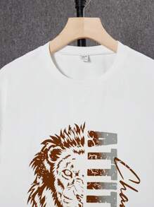 SHEIN 2 件套青少年男孩字母和狮子图案短袖 T 恤和抽绳腰裤套装，春季服装；青少年男孩服装；青少年男孩夹克，春季开学 - 棕色 - 查看 5