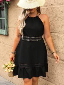 SHEIN Clasi Vestido de unicolor con encaje y parches, escote halter y espalda descubierta, para playa y vacaciones, primavera/verano - Negro - Ver 6