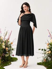 Modelyn Vestido de longitud media de unicolor elegante y ceñido para mujer - Negro - Ver 3