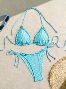 Swim Mod Women's Vacation Stripe Nautical Style Patchwork Frill Trim Tie-Up Bikini Set For Summer - Mint Blue - View 5