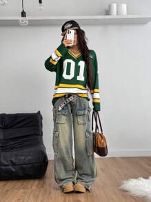 Coolane 女士休闲运动装数字图案大码长袖平纹 T 恤