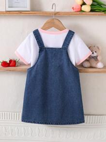 Conjunto de vestido de verano para niña bebé con diseño de fresa, cuello redondo, mangas cortas blancas y tirantes de mezclilla - Multicolor - Ver 6