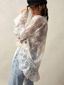 Bohemela 纯色编织蕾丝长袖女式迷你连衣裙 - 白色 - 查看 1