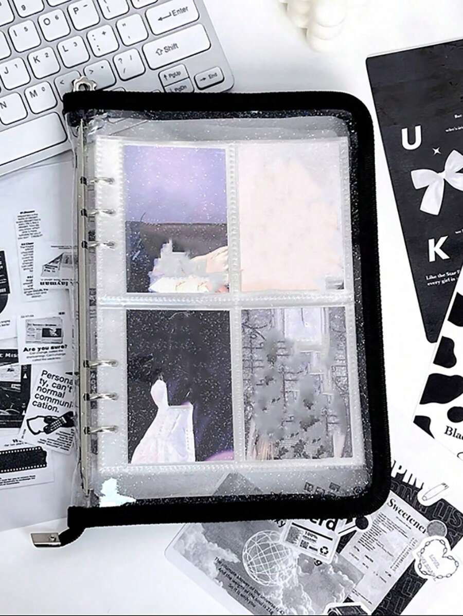 1 件纯色透明活页相册，带拉链，简易多层照片卡盒，用于照片、卡片存储，返校，返校，学校用品 - 黑色 - 查看 1