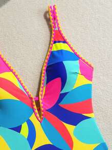 BamGleam Casual Minimalist Multicolor Print One-Piece Swimsuit, For Summer Beach Vacation