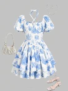 Tween Girls White And Blue Floral Print Dress,Modest Summer Sweetheart Neckline Puff Sleeves V-Shaped Waist Spliced Cake Skirt For Picnic & Vacation - Blue and White - View 1
