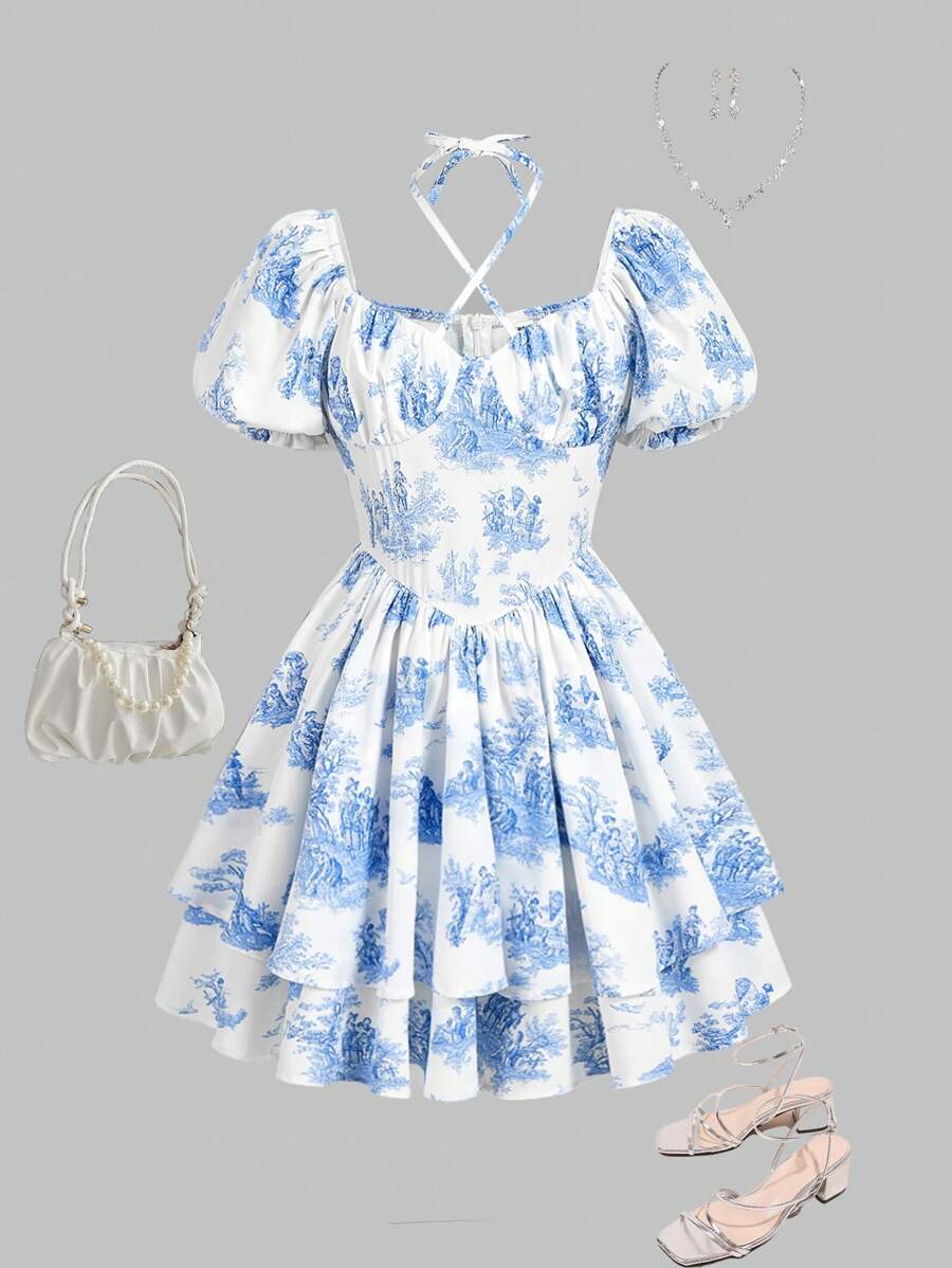 Tween Girls White And Blue Floral Print Dress,Modest Summer Sweetheart Neckline Puff Sleeves V-Shaped Waist Spliced Cake Skirt For Picnic & Vacation - Blue and White - View 1