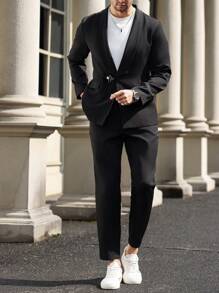 Manfinity Mode Men's Plain Lapel Neck Long Sleeve Top And Pants Suit Set,Men's Business Casual Printed Plaid Double-Breasted Suit Jacket And Trousers Set, Two-Piece Outfit Men Formal Outfit Men Dress Outfit Suits For Men Men Formal Wear Men Suit Formal - Black - View 7