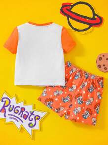 Nick 90s | SHEIN Conjunto de Camiseta de Manga Curta com Estampa Gráfica de Amigo Cartoon Menino Bebê e Shorts Laranja - Multicolorido - Visão 2