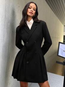 Manfinity VCAY 男女款休闲双排扣垫肩长款针织西装外套，适合秋冬 - 黑色 - 查看 5