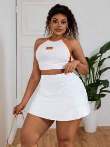 SHEIN PETITE CURVE Spring And Summer Break Solid Ruched Ruffle Hem White Skirt - White - View 3