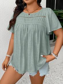 SHEIN Frenchy Plus Size Women Solid Color Contrast Lace Ruffle Sleeve Blouse - Mint Green - View 5