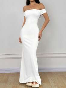 SHEIN EZwear Elegante vestido largo de sirena blanco con hombros descubiertos y ajustado para mujeres, vestido de verano, atuendos para vacaciones, playa, Y2K, festival de música