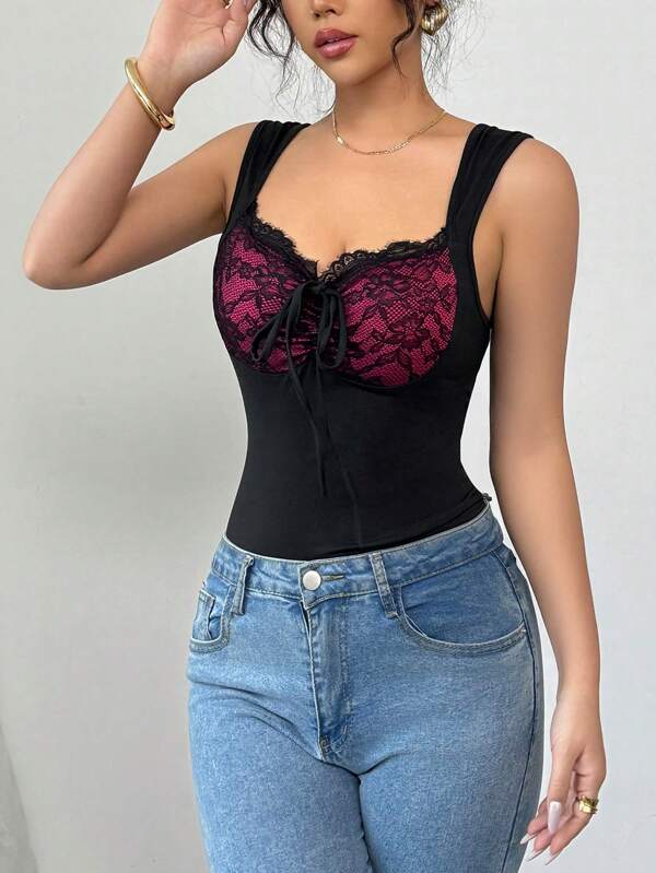 Calvaya Elegant Sexy Lace Splice Underwire Strap Camisole With Bowknot Detail For Women, Spring/Summer