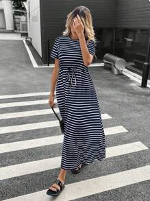 Siren Gaze Đầm midi cổ tròn tay ngắn kẻ sọc cho nữ, eo rút dây, thường ngày - Đen và trắng - Xem 6