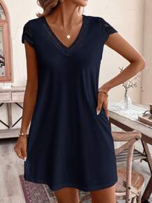 SHEIN Frenchy Solid Color Splicing Water Soluble Lace Loose Fit Dress Summer Dress, Boho, Floral Dress, Summer Outfits, Casual Dress, Elegant Dress,Tea Party Dress,Summer Dresses For Women
