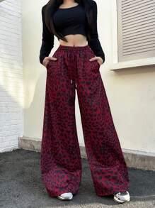 SHEIN EZwear 女士豹纹抽绳腰阔腿休闲裤 - 紅色 - 查看 3