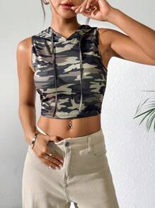 SHEIN Unity Atasan Tank Top Crop Berkerudung Motif Kamuflase untuk Wanita, Cocok untuk Musim Panas - MultiWarna - View 5